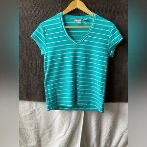 Chico's Blue and White Striped Fitted V-Neck Tee